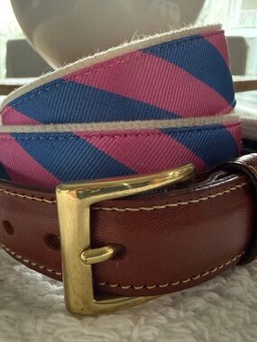 Men's Collard Greens Striped Canvas & Leather Belt - Pink and Blue Size 36